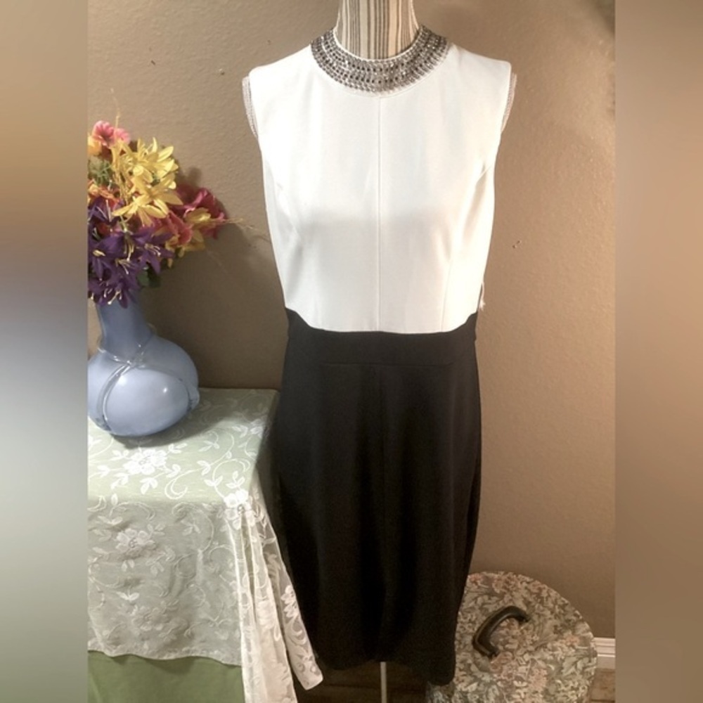 NEWT Bisou Bisou Jewelry Neckline White/Black Midi Dress